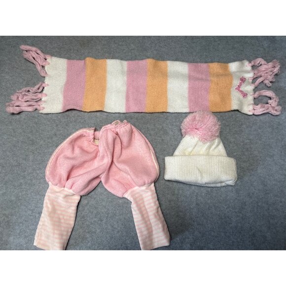 Cabbage Patch Kids Baby Winter Set Hat Scarf Pants Pink White Striped Knit 1980s - Picture 6 of 8